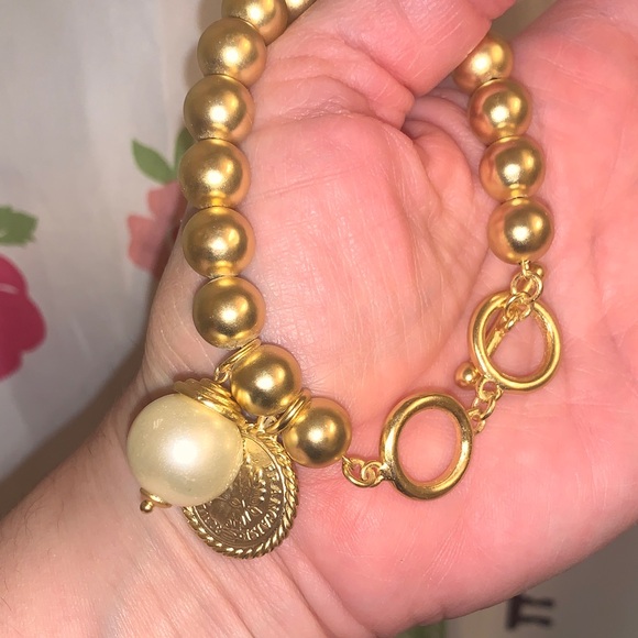 Karine Sultan Elegant Gold Beaded Bracelet with Pearl and Coin Charm - Picture 5 of 11